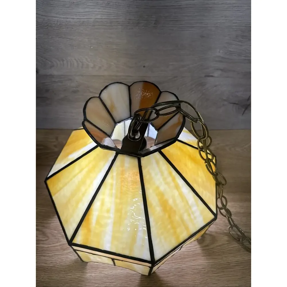 VTG 1970s Stained Glass Hanging Bar Tiffany Style Ceiling Lamp Shade 11.25x9.25”